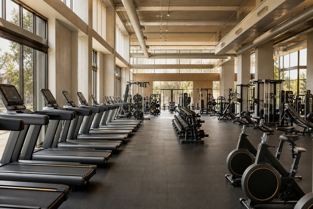 Salão de academia vazio, com fileiras de esteiras e aparelhos de musculação
