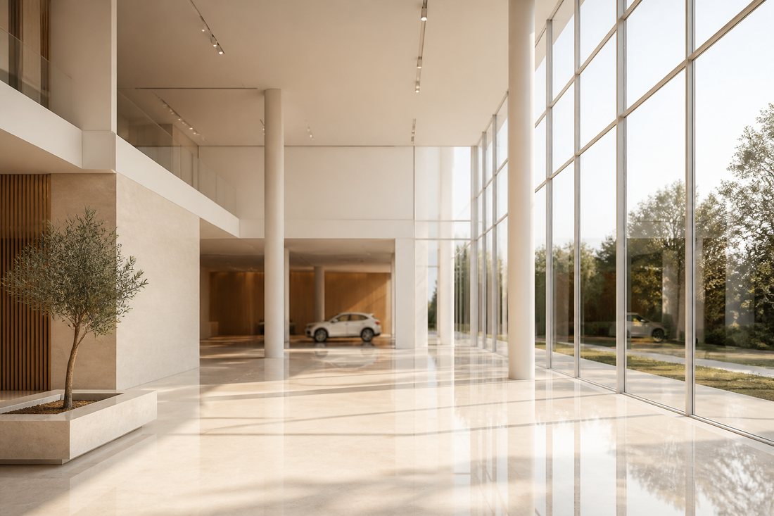 Showroom vazio com pé-direito duplo e parede de vidro