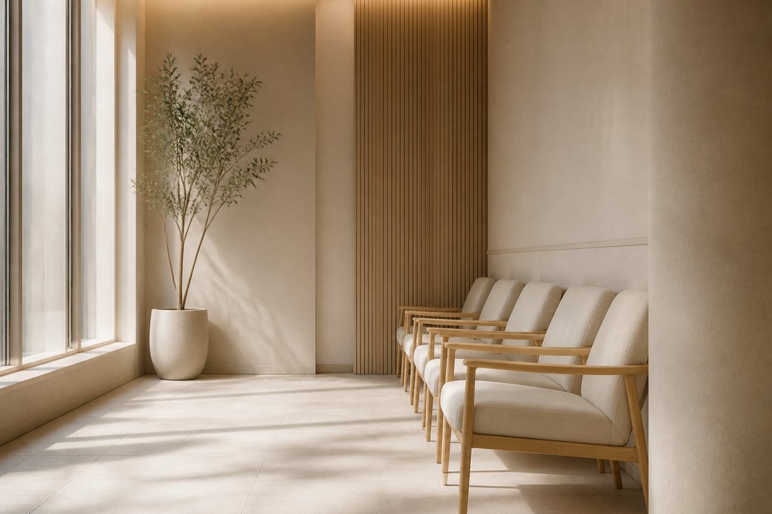 Sala de espera de clínica com cadeiras vazias alinhadas