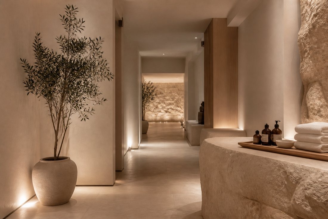 Recepção de spa com toalhas dobradas e frascos de vidro âmbar