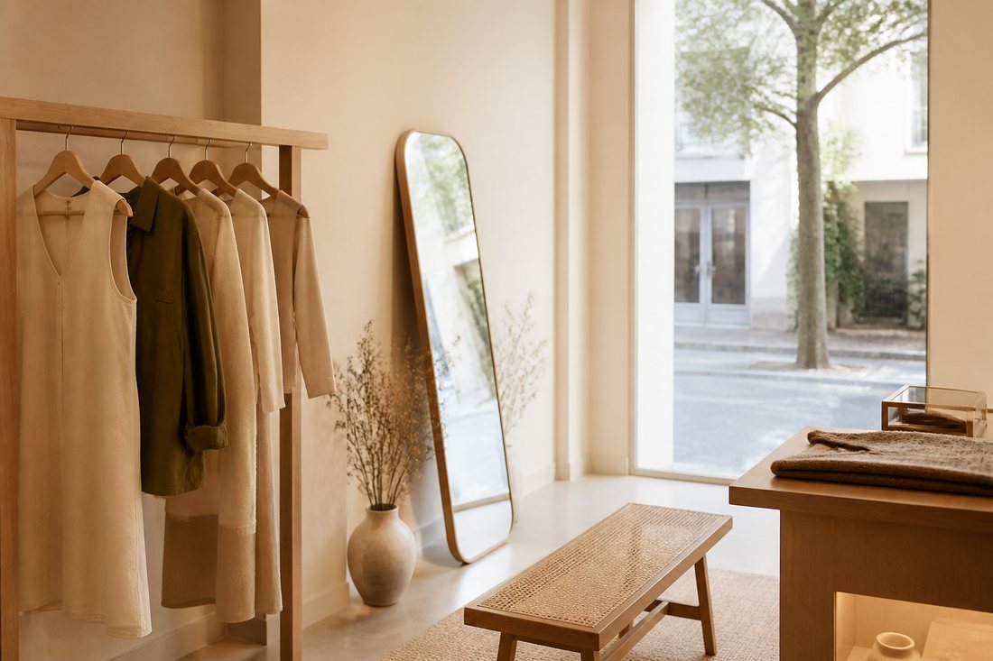 Interior de boutique pequena com arara de madeira e vitrine ao fundo