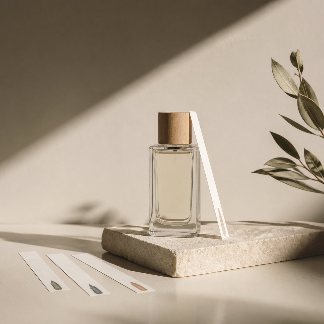 Frasco de fragrância ao lado das versões testadas em blotters
