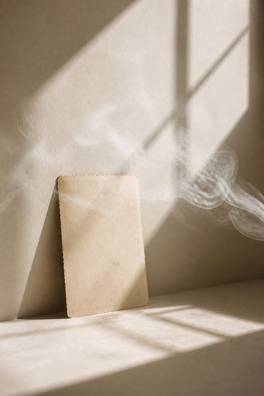 Fotografia antiga encostada na parede com um fio de fumaça passando na frente