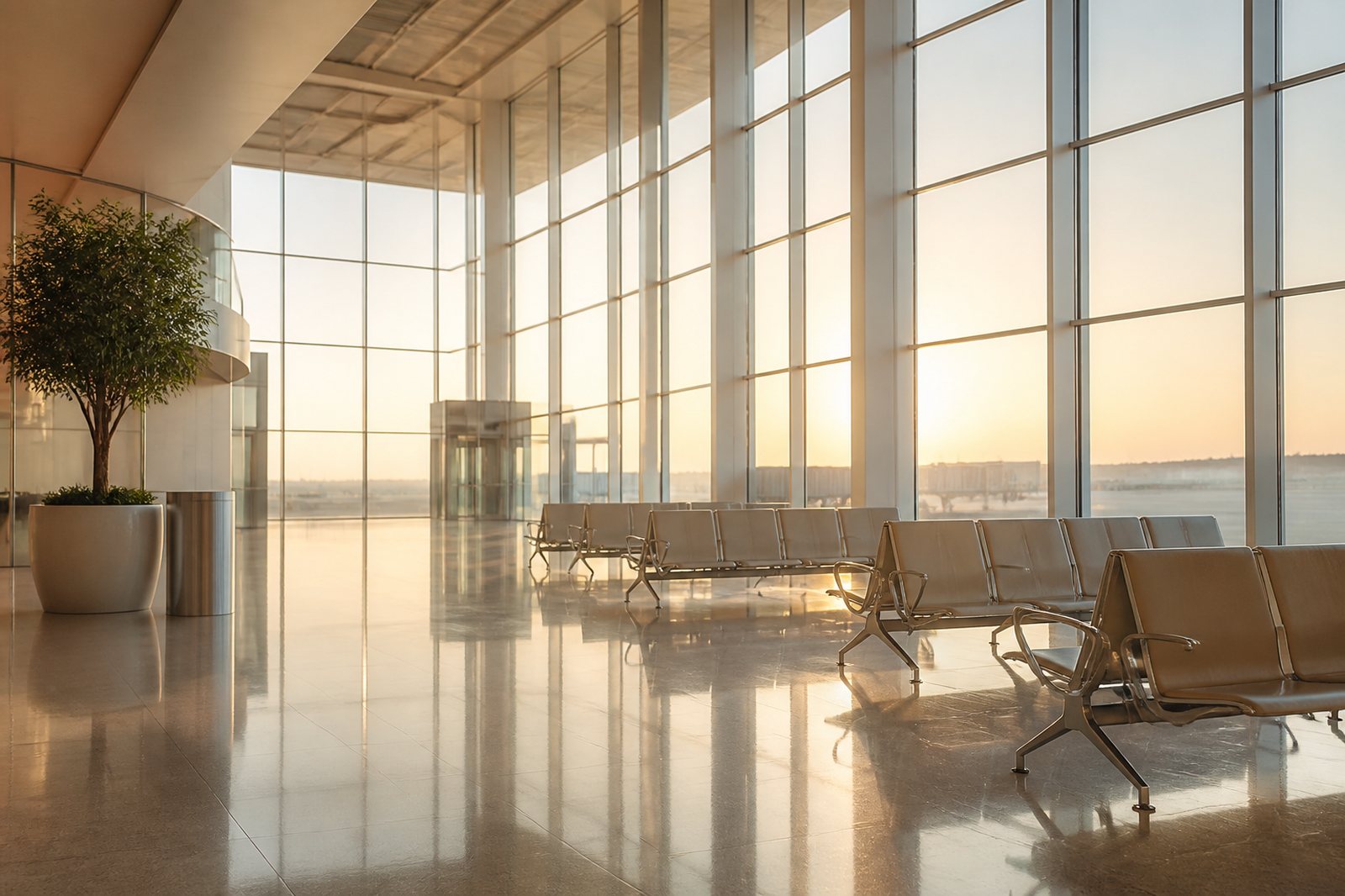 Saguão de aeroporto amplo e vazio com luz dourada no piso polido