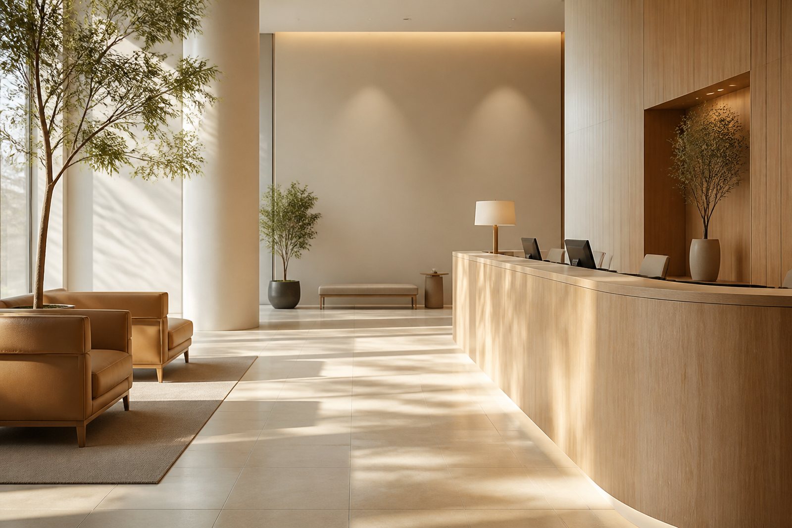 Hall de agência bancária com bancada de madeira clara e poltronas de espera