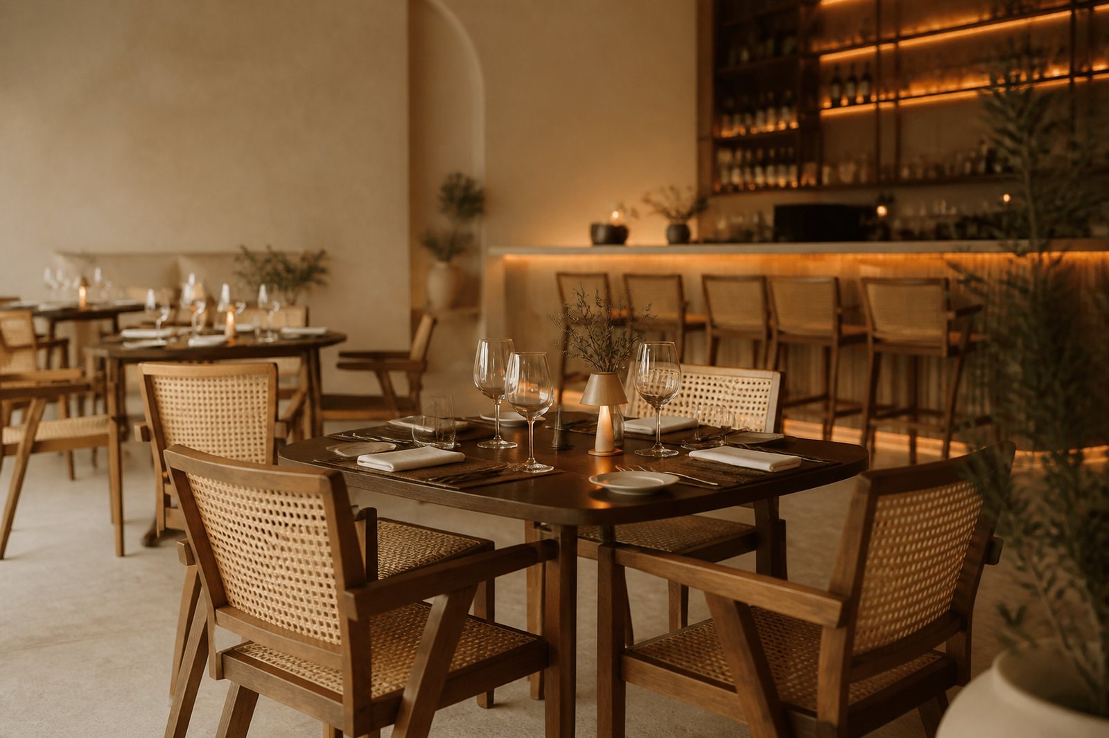 Salão de restaurante posto antes do serviço, com luz quente baixa