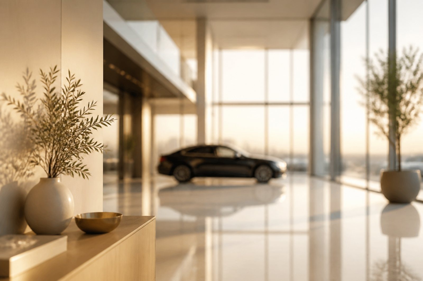 Showroom de carros amplo e vazio ao amanhecer, com luz dourada entrando pelo vidro