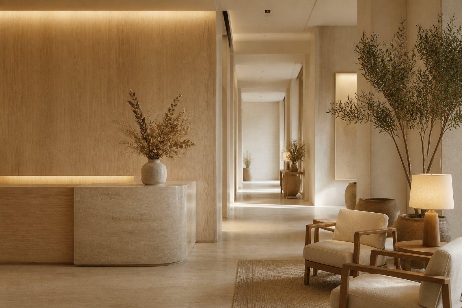 Lobby de hotel boutique com recepção de madeira clara e poltronas de linho