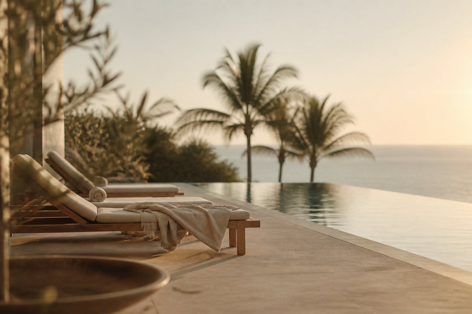 Piscina de resort ao amanhecer com espreguiçadeiras de madeira