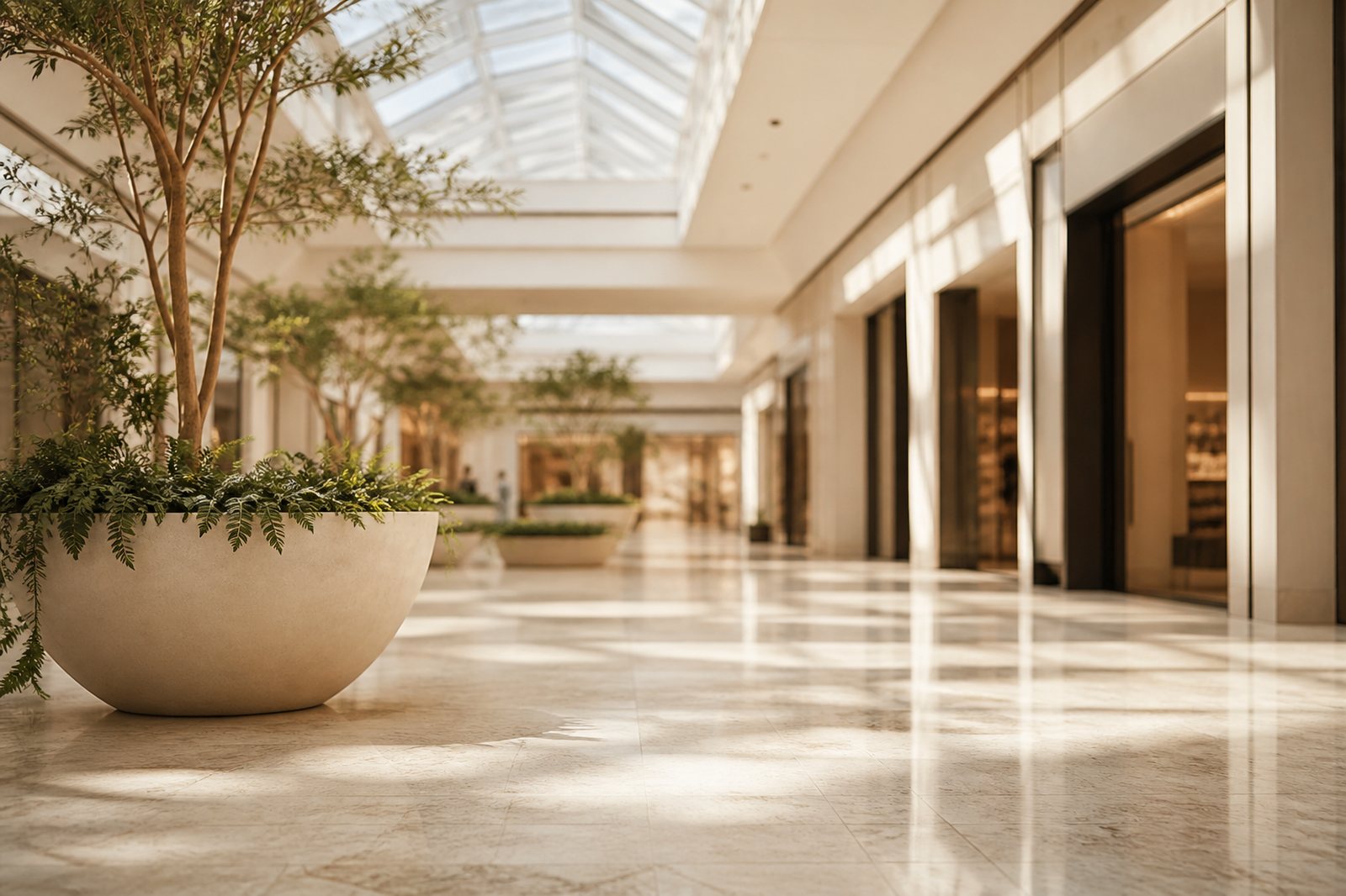 Átrio de shopping com claraboias e piso de mármore claro