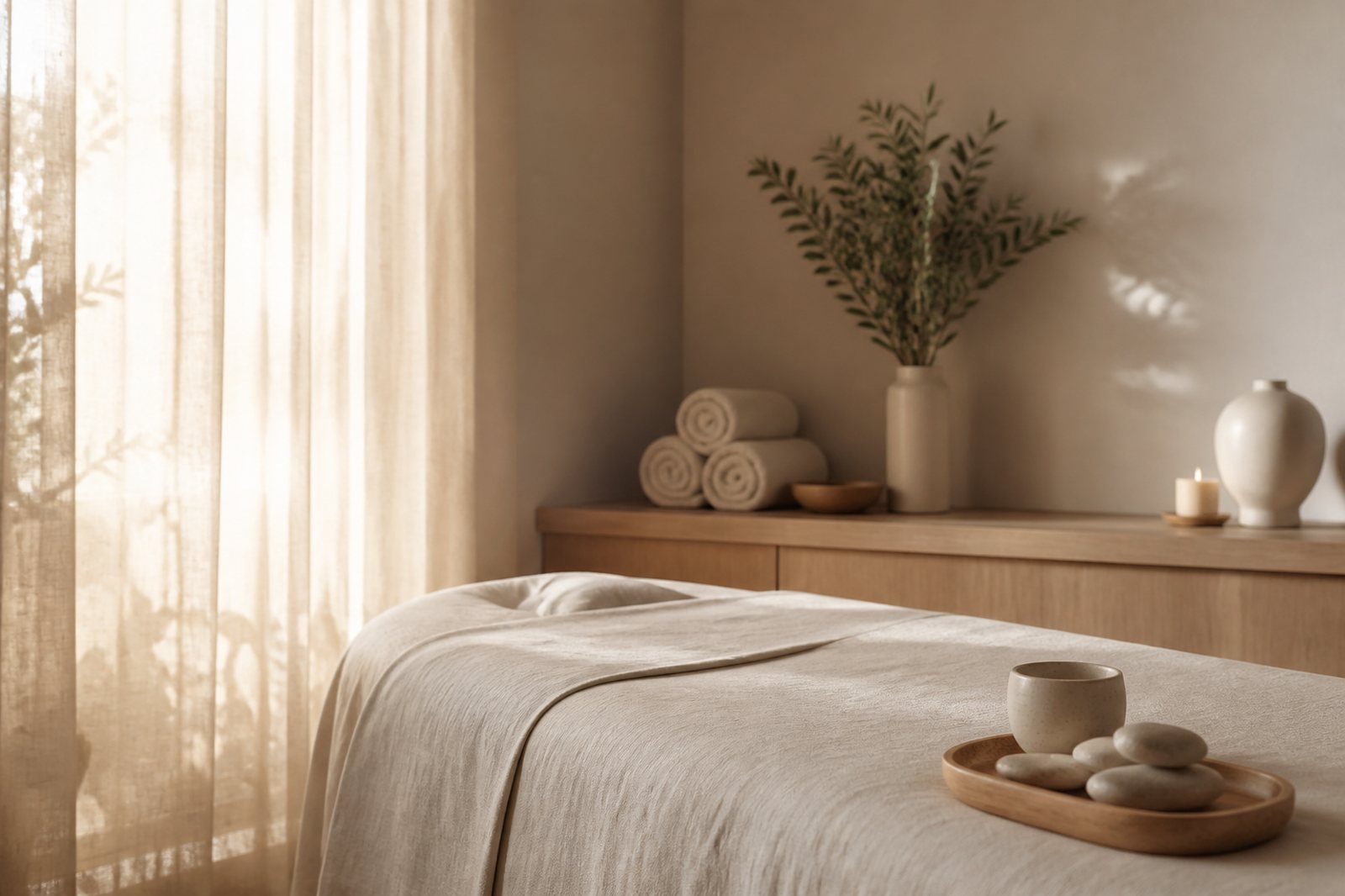 Sala de spa com maca de linho cru e luz filtrada por cortina