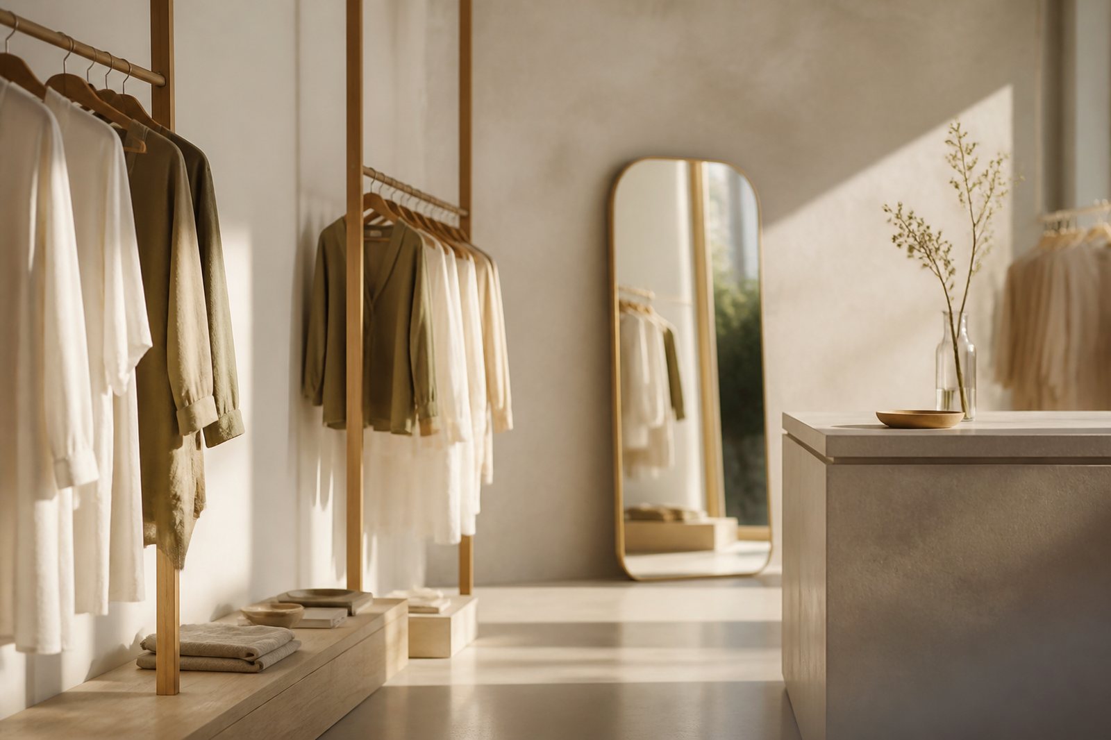 Interior de boutique com araras de madeira clara e luz de vitrine